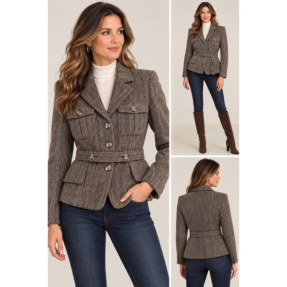 Polo Ralph Lauren Belted Wool Tweed Utility Jacket Brown Herringbone NWT Size 6